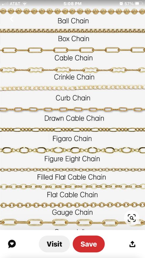 Types Of Chains, Jewelry Knowledge, Figaro Chains, Clothing Ideas, Box Chain, Ball Chain, Cable Chain, Gold Chain, Gold Chains