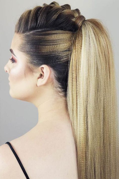 Braided Mohawk Ponytail #longhair #braids #ponytail #fauxhawk ❤️ Fancy trying braided mohawk hairstyles? French braidhawk with weave, dutch updo with curls and short hawk hairdos are waiting for you! ❤️ See more: http://lovehairstyles.com/braided-mohawk-trendy-ideas/ #lovehairstyles #hair #hairstyles #haircuts Mohawk Women, Mohawk Ponytail, Braided Mohawk, Braided Mohawk Hairstyles, Braids Ponytail, Mohawk Styles, Elegant Ponytail, Long Length Hair, Mohawk Braid