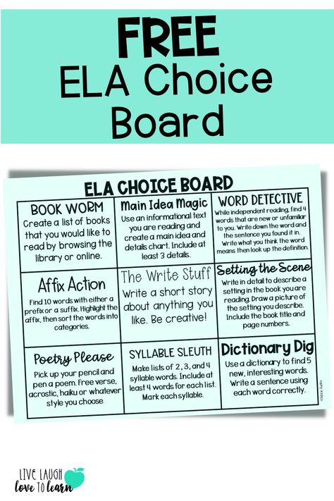 Student buy-in and engagement is the KEY to getting your students to practice what they need to practice. Giving students a CHOICE in what they practice is the key to success! Read about how I use Choice Boards in my classroom and get a FREE copy of my ELA Choice Board. Choice Boards High School English, Reading Choice Boards 3rd Grade, Choice Boards 5th Grade, Ela Choice Boards Middle School, Ela Choice Boards Elementary, Choice Boards Middle School, Vocabulary Choice Board, Student Choice Boards, Math Choice Boards