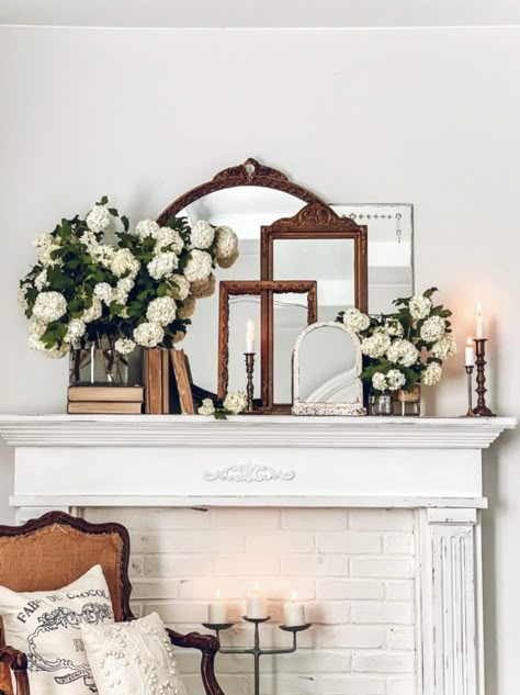 Cottage Core Mantle, Front Of Fireplace Decor Ideas, Mantle With Candlesticks, Mantle In Bedroom, French Fireplace Decor, Long Mantel Decorating Ideas, Old Fireplace Mantle, Style A Mantle, Mirror Over Fireplace