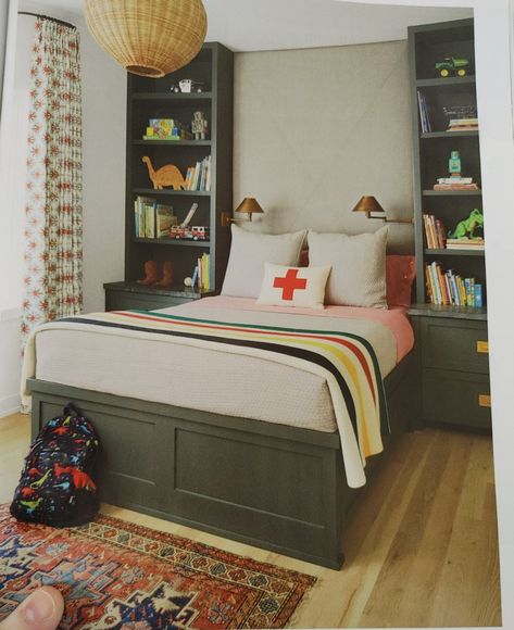 Big Boy Bedrooms, Big Kids Room, Hgtv Magazine, Bookcase Decor, Green Bedding, Built In Bookcase, Boy Bedroom, Big Boy Room, Boys Bedrooms