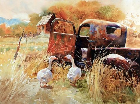 C.Purcell Old Truck, Painting Competition, Truck Art, Mini Canvas Art, Old Trucks, Art Watercolor, Car Art, Watercolor Landscape, Old Cars