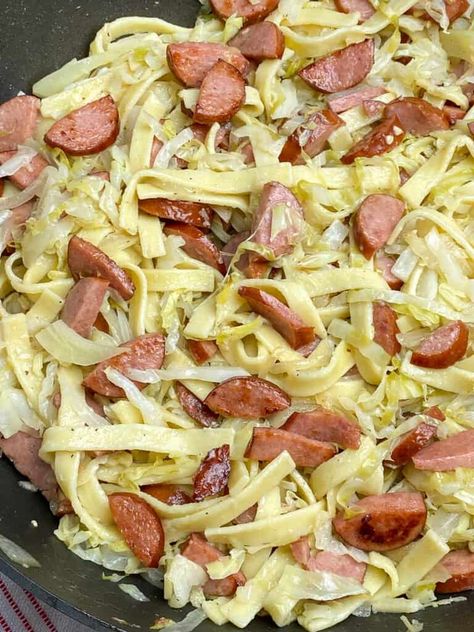 Sauerkraut Noodles And Sausage, Halushki With Kielbasa, Kluski Noodle Recipes, Sausage Egg Noodles, Kielbasa And Noodles, Noodles With Cabbage, Haluski Recipe, Cabbage And Smoked Sausage, Smoked Kielbasa