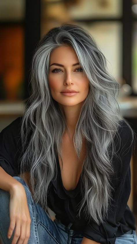 Embrace your natural beauty with these 24 fabulous grey hair colors that will make you look gorgeous! Discover the best haircuts for older women, from chic pixie cuts to elegant long layers and stylish bobs. Save this pin for later and click to explore more stunning ideas and similar styles! Long Grey Hair, Long Silver Hair, Hair Color Guide, Grey Hair Looks, Grey Hair Don't Care, Silver Haired Beauties, Long White Hair, Grey Hair Transformation, Gorgeous Gray Hair