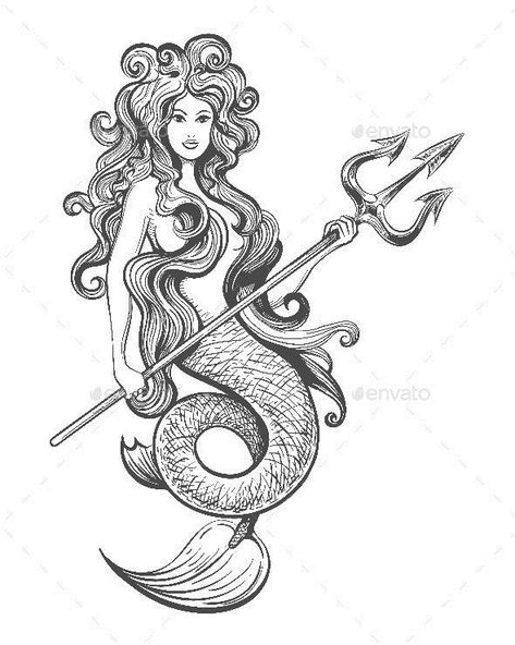 Mermaid with Trident Monochrome Tattoo Mermaid With Trident, Monochrome Tattoo, Trident Tattoo, Pirate Fashion, Mermaid Tattoos, Mermaid Pattern, Tattoo Tattoo, New Tattoos, Vector Illustration