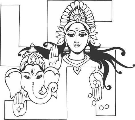 Ganesh Lakshmi Drawing, Swastik Painting Art, Lakshmi Ganesh Painting, Ganesh And Lakshmi Drawing, Laxmi Ganesh Drawing, Lakshmi Drawing Easy, Deepavali Drawing, Lakshmi Drawing, Bengali Painting