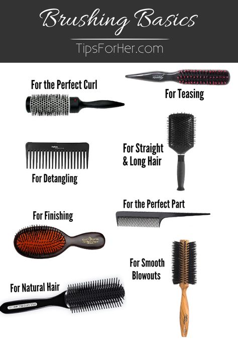 Brushing Basics: A Guide to Hair Brushes - 8 of our favorite hair brushes and what they are used best for. Hair Brush Guide, Hair Washing Routine, Hair Smoothening, Teasing Brush, Brush Guide, Makeup Brushes Guide, Types Of Hair, Paddle Brush, Hair Brushes