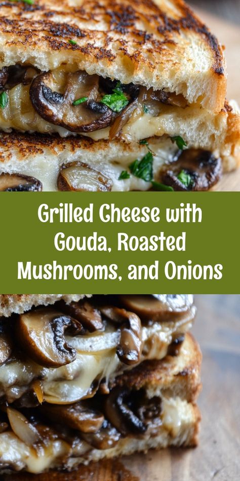 Elevate your comfort food game with this gourmet Grilled Cheese featuring smoked Gouda, roasted mushrooms, and sweet caramelized onions! This innovative twist on a classic sandwich combines rich flavors and delightful textures, making each bite an unforgettable experience. With just a few ingredients and easy steps, you'll have a delicious meal that serves as a warm hug on a chilly day. Perfect for cozy nights in or casual gatherings—try it today and enjoy the irresistible crispy, gooey goodness! 🍞🧀🍄🥪 #GrilledCheese #ComfortFood #RecipeIdeas Grilled Cheese With Gouda Roasted Mushrooms And Onions, Mushroom Onion Gouda Grilled Cheese, Smoked Gouda Recipes, Roasted Mushrooms And Onions, Fancy Grilled Cheese Recipes, Gouda Grilled Cheese, Gouda Recipe, Grilled Cheese Recipes Gourmet, Bistro Ideas