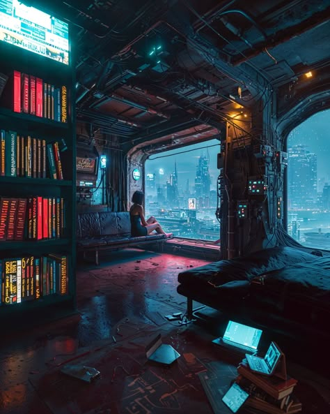 Sci Fi Library, Cyberpunk Library, Futuristic Library, Cyberpunk House, Cyberpunk Interior, Cyberpunk Room, What Once Was, Sci Fi Landscape, Sci Fi City