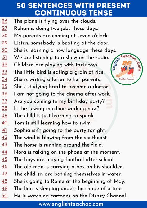 Present Continuous Tense Sentences, Present Continuous Sentences, English Conversation For Kids, Basic English Sentences, Present Continuous Tense, Present Continuous, English Grammar Worksheets, Common Phrases, Learn English Grammar