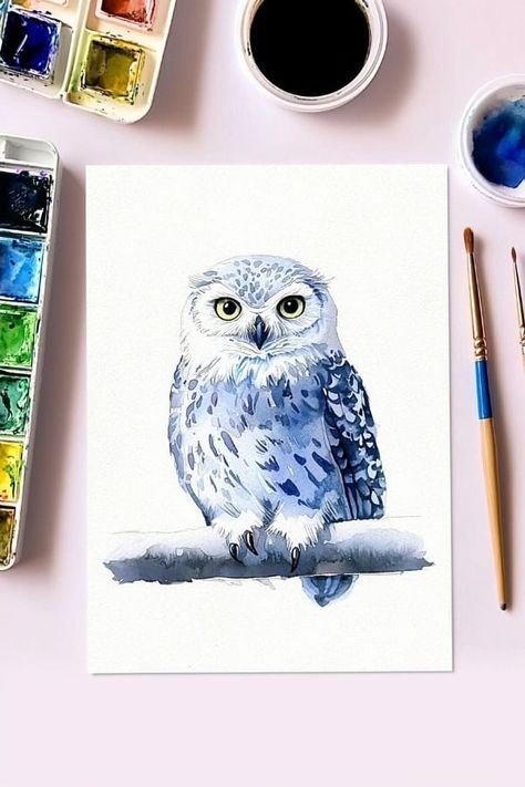 29 Winter Watercolor Painting Ideas for Beginners and Advanced Artists Watercolor Painting Ideas For Beginners, Watercolor Christmas Cards Diy, Watercolor Painting Ideas, Paintings Tutorials, Owl Watercolor, Winter Owl, Painting Ideas For Beginners, Watercolor Subjects, Garden Watercolor