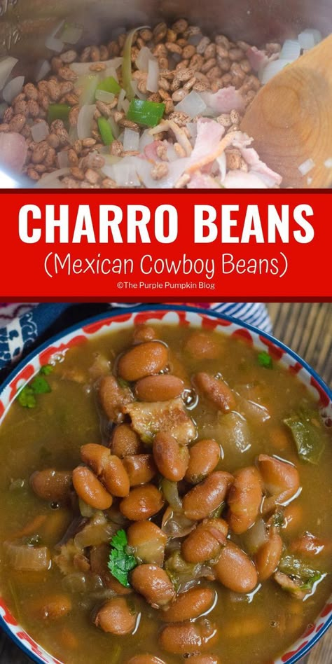 Charo Beans Recipe, Beans Mexican, Mexican Slow Cooker, Mexican Cowboy, Charro Beans, Cowboy Beans, Authentic Mexican Recipes, Mexican Cooking, Hispanic Food