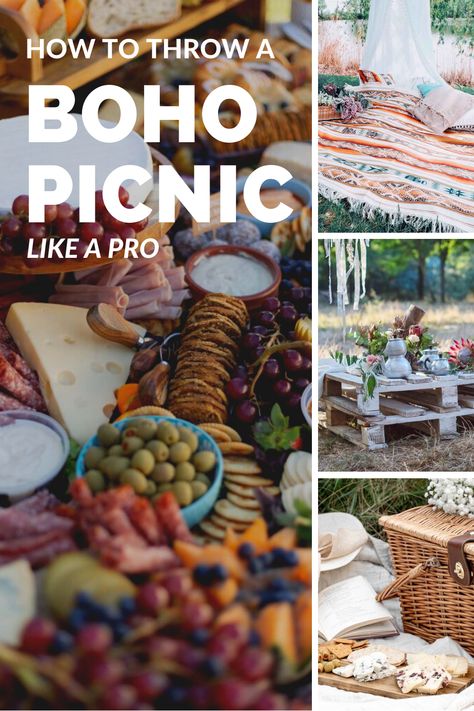 Cozy Picnic Ideas, Carpet Picnic Ideas, Boho Picnic Food Ideas, Country Picnic Party Ideas, Boho Picnic Party Backyards, Posh Picnic Food, Bohemian Picnic Party, Boho Party Food, Boho Picnic Ideas