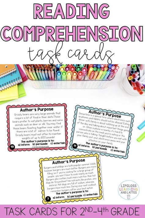 Use these reading task cards to improve your 2nd, 3rd, and 4th grade students' reading comprehension. Reading Task Cards, Third Grade Reading, Authors Purpose, Task Boxes, Reading Instruction, Elementary School Teacher, Reading Resources, No Rules, Cause And Effect