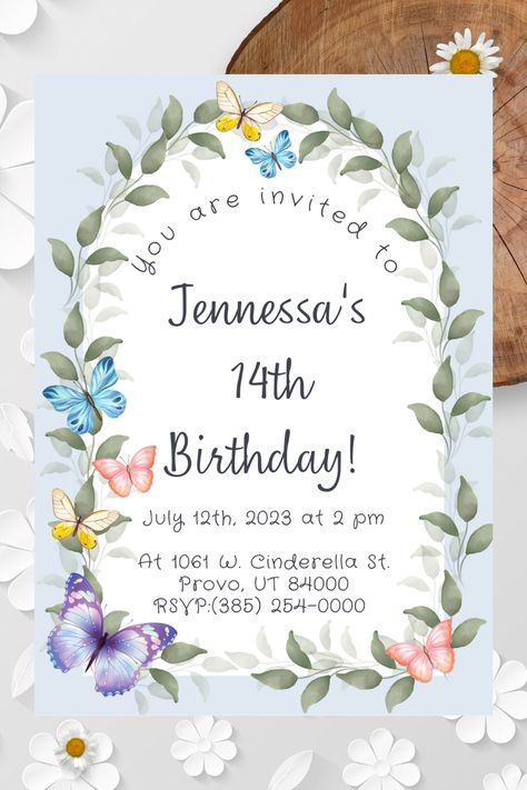 Butterflies Birthday Invitation Template, Teenager Girl, Teen Party, Editable Digital Invite, Instant Download, Corjl, Electronic Teenager Birthday, 13th Birthday Parties, Teen Party, Digital Invite, Butterfly Birthday, 14th Birthday, Birthday Invitation Template