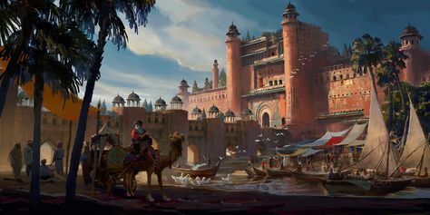 ArtStation - Desert City, Liu Qing Old Oil Paintings, Desert City, Fantasy Map Making, Gardens Of Babylon, Sci Fi Environment, Dream Fantasy, Location Inspiration, Ancient Forest, Scene Art