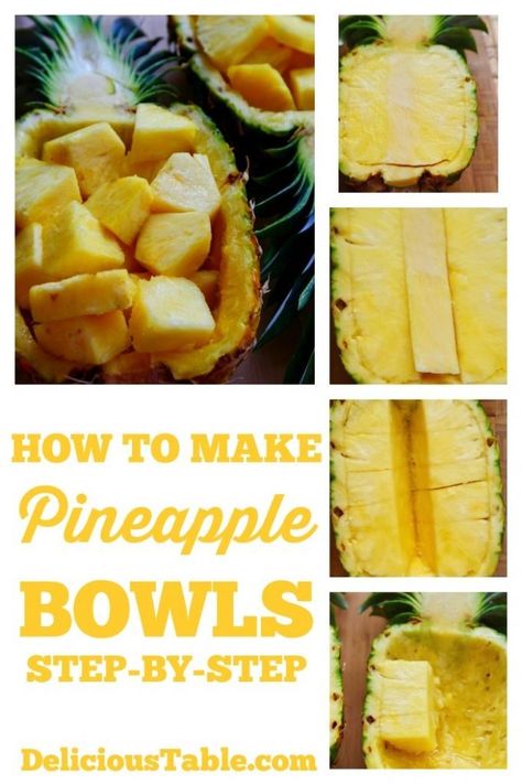 Stuff Pineapple Boats, Pineapple Serving Ideas, How To Make A Pineapple Bowl, Teriyaki Chicken In Pineapple Boats, Pineapple Fruit Bowl, Pineapple Bowl Recipe, Pineapple Bowls, Pineapple Boats, Huli Chicken