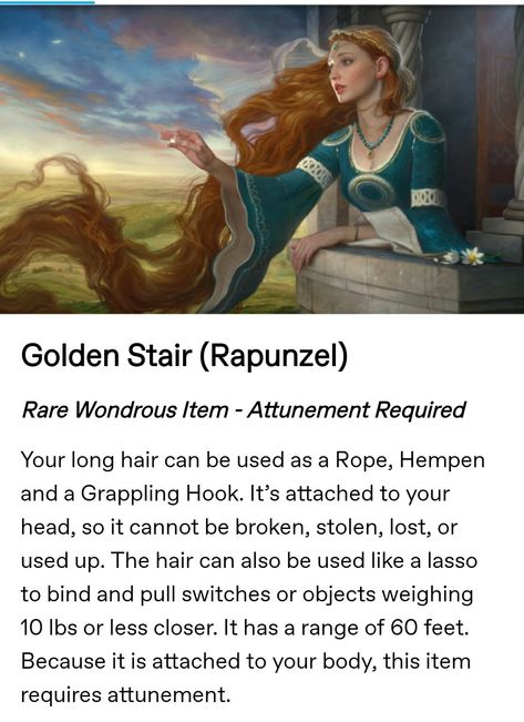 Dnd Fairytale, Halloween Dnd Campaign, Disney Dnd Homebrew, Dnd Horror Campaign Ideas, Historically Accurate Rapunzel, Grappling Hook, Dungeons And Dragons Homebrew, Rapunzel, Dungeons And Dragons