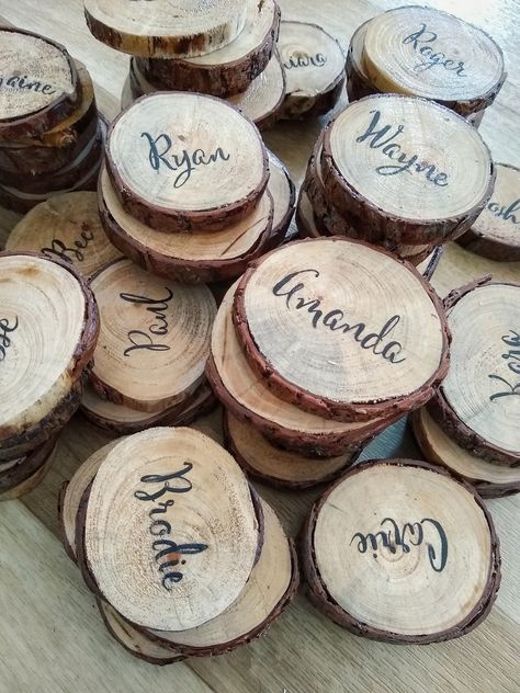 Wedding placecards nametags made using reclaimed wood sign.  Reclaimed wood sign| home decor artwork wall art by Tenielle Durdin Grandparents Gifts, Wood Branding, Reclaimed Wood Signs, Wood Signs Home Decor, Wood Wedding Signs, Personalized Wedding Favors, In Laws, Wedding Favors For Guests, Handmade Artwork