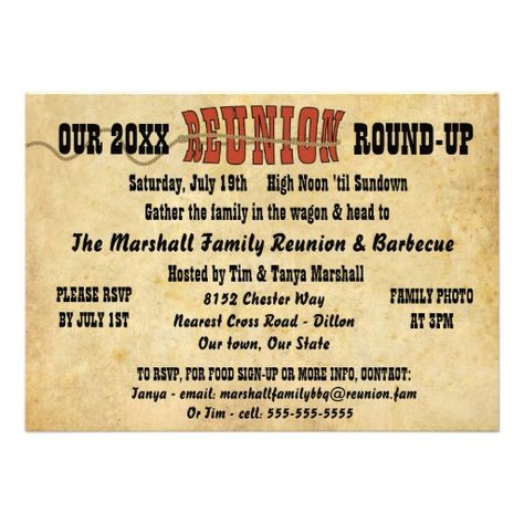 Western Theme Family Reunion Ideas, Family Reunion Invitations Templates, Chesters Way, Western Family, Reunion Invitation, Picnic Invitations, Family Reunion Invitations, Reunion Party, Reunion Invitations