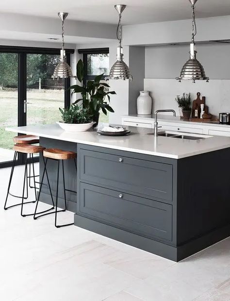 74 Modern And Smart Kitchen Island Seating Options - DigsDigs Kitchen Island With Overhang On 2 Sides, Model Dapur, Open Plan Kitchen Dining, Open Plan Kitchen Living Room, Kabinet Dapur, Kitchen Dining Living, Kitchen Island Design, Kitchen Inspiration Design, Kitchen Diner