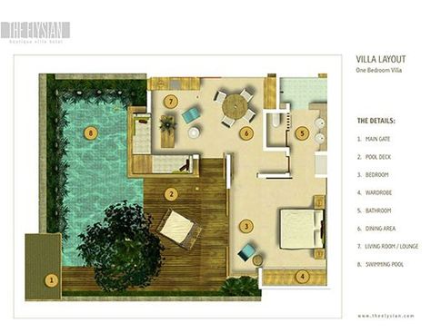 Just need to flip it. The Elysian Boutique Villa Resort Bedroom Blueprint, Villa Layout, Chalet Bungalow, Tiki House, Tiny Pool, Pools Ideas, Resort Design Plan, Resort Ideas, Bedroom Pool