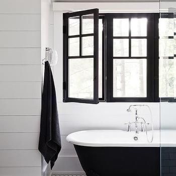 Black Framed Windows, Black Clawfoot Tub, Internal Window, Black Window Trims, Bathroom Feature Wall, Framed Windows, Window Paint, Black And White Bathroom, Bathroom Features