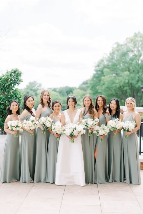 Jenny Yoo Real Wedding Moss Green Bridesmaid Dress White Wedding Bridal Party, Moss Green Bridesmaid Dresses, Real Bridesmaids, Green Bridesmaid Dress, Bridal Party Bouquets, Jenny Yoo Bridesmaid, Aisle Flowers, Good Earth, Floral Design Studio