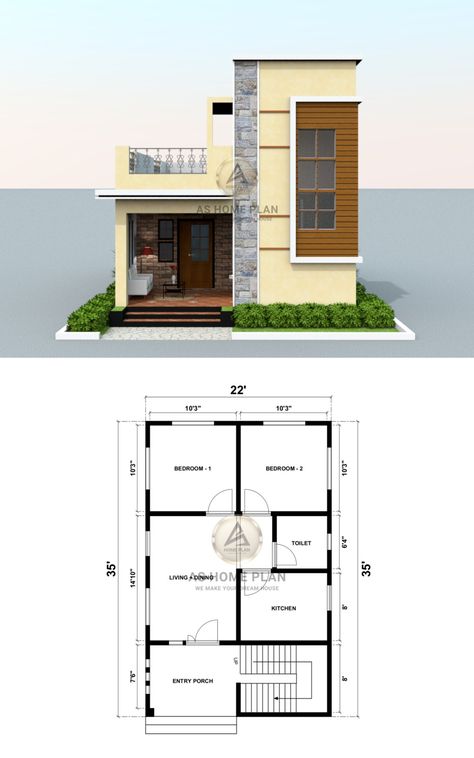 3d house front elevation design with 2d plan layout 22×35 House Plan, 22×40 House Plan, House Design With Floor Plan, Banglow Design, Second Floor House Design, Budget House Design, 2 Bedroom House Design, 20x30 House Plans, Learn Autocad