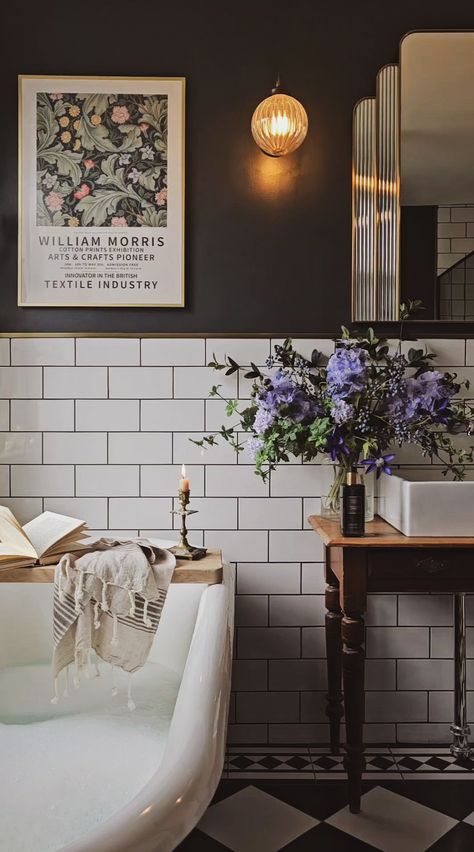 Check out this photo from elle_the_home_bird Colour Drenching, White Subway Tile Bathroom, Morris Print, White Subway Tiles, Wooden Vanity, Whimsical Home, Subway Tiles, Vintage Interiors, Pink Bedroom