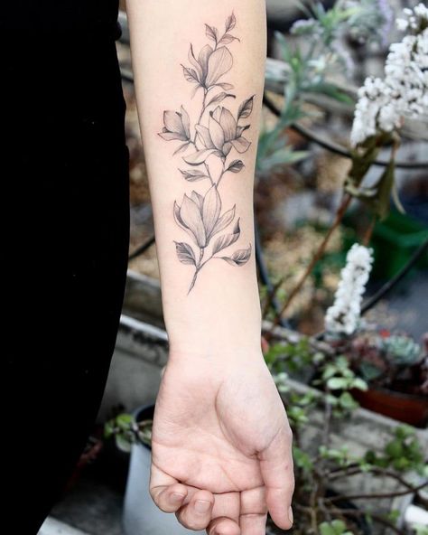 Magnolia Tattoo Traditional, Fine Line Magnolia Tattoo, Magnolia Branch Tattoo, Wrist Tattoo Cover Up, Magnolia Tattoo, Zelda Tattoo, Abstract Tattoo Designs, Flower Tattoo Meanings, Tattoo Shading