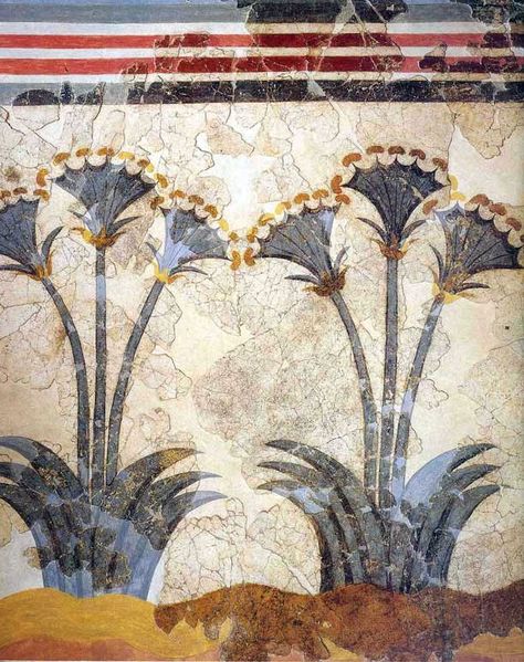 Minoan fresco of papyrus on the island of Akrotiri, preserved by the volcanic explosion of neighbouring Thera. Bronze Age Civilization, Minoan Art, Starověký Egypt, Ancient Greek Art, Ancient Paintings, Art Ancien, Roman Art, Greek Art, Art Antique