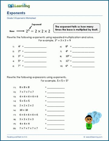 Exponents worksheets for grade 5. Includes an introduction to exponents and reading and writing simple exponents. Also includes powers of ten worksheets. Free exponents worksheets from K5 Learning; no login required. Exponents And Powers Worksheets, Math Exponents, Exponents And Powers, Exponents Worksheet For Class 8, Exponent Rules Worksheet, Rules Of Exponents, Patterns Worksheet, Negative Exponents, Exponent Worksheets