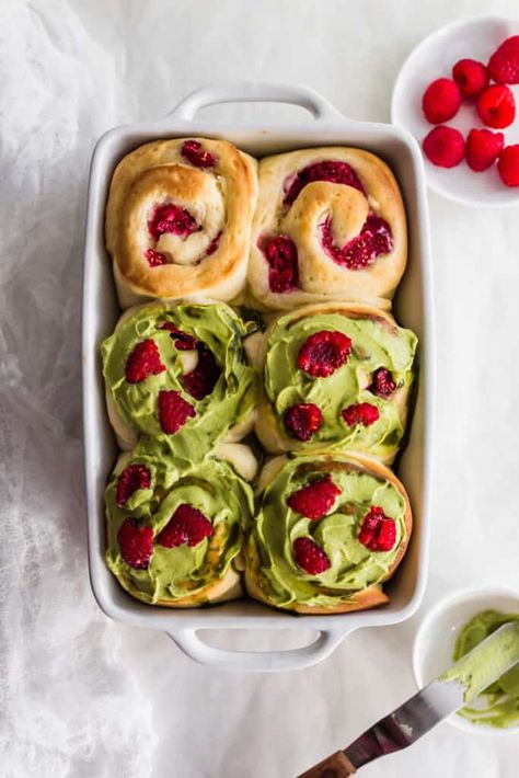 Matcha Raspberry Cream Cheese Rolls | Sift & Simmer Matcha Cream Cheese, Matcha Raspberry, Raspberry Matcha, Green Tea Milk, Milk Jam, Iced Buns, Matcha Cream, Raspberry Cream Cheese, Matcha Milk