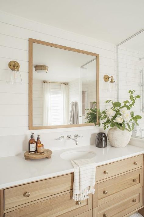 Square Light Brown Oak Mirror on Shiplap Trim - Cottage - Bathroom Boho Bathroom Remodel, White Oak Vanity, Grey Marble Floor, Bathroom Inspo Interior Design, Kitchenette Ideas, Modern Boho Bathroom, Boho Style Bathroom, Basement Kitchenette, Oak Vanity