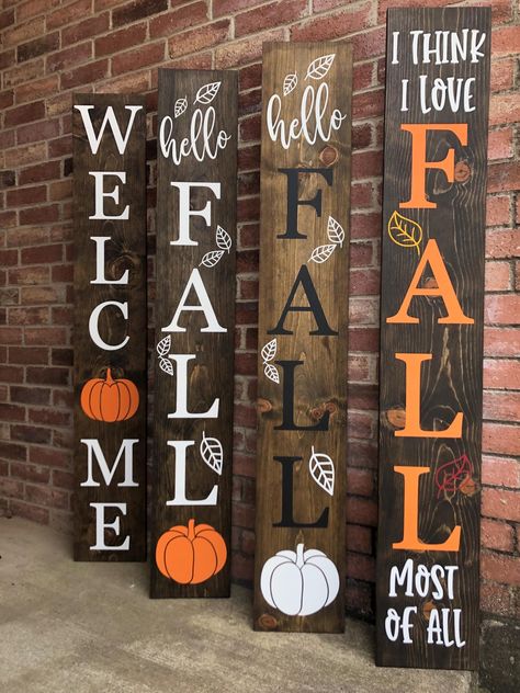 We offer many unique, quality Porch Signs that stand 5ft tall and are perfect for inviting all your friends & family!  Click here to shop with us today!  Does your front porch need new life this Fall? This beautiful Fall Welcome Sign for your front door is one sure way to create the curb appeal you are looking for on your front porch and is very inviting outdoor decor! It makes as a great statement piece for your front porch and all of your neighbors and friends will be asking where you found su Fall Porch Welcome Signs, Diy Fall Front Porch Sign, Farmhouse Fall Front Porch Decor Ideas, Welcome Plank Sign, Fall Porch Boards Signs, Fall Welcome Sign Front Door Diy, Front Porch Board Signs, Diy Fall Welcome Signs, Diy Welcome Sign Front Door