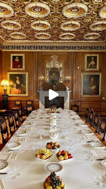 Christopher John Davies on Instagram: "Continuing our tour of Longleat House, this reel shows the glorious Lower Dining Room.  . The beautiful gilded ceiling is by Crace, this along with all the other gilded elements in the room including two huge English mirrors helped reflect the candlelight, making dining in this room an ethereal experience.  . The table is set with a Sevres service dated 1773-1777, there’s seating for 20 people, and the wine cooler you’ll see under the sideboard just happens to hold 20 bottles of wine.  . The portrait I walk up to is of Louise Carteret, Longleats famous ghost, she married Thomas 2nd Viscount, Thomas apparently threw Louise’s favourite manservant down a staircase, killing him, in a jealous rage, the manservant was buried in the basement, Louise was lock Gilded Ceiling, Jib Door, Longleat House, Jealous Husband, Vintage Dining Room, Secret Door, Castle Wall, Hidden Door, Stately Home