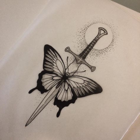 Butterfly And Dagger Tattoo, Butterfly With Knife Tattoo, Dagger Butterfly Tattoo, Butterfly Dagger Tattoo, Dagger Tattoo Ideas, Rosen Tattoo Frau, Bauch Tattoos, Tato Henna, Animal Tattoo Ideas