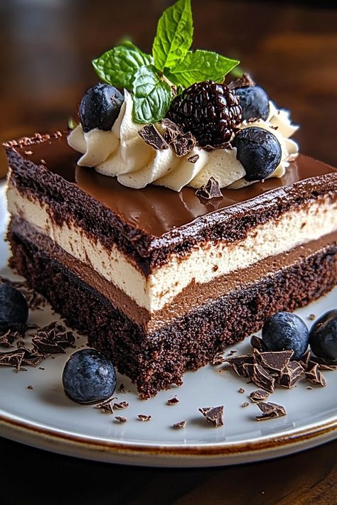 If you’re in the mood for an indulgent dessert that will impress everyone at the table, look no further than Grandma’s Dreamy Triple Chocolate Mousse Torte! This exquisite torte features layers of rich chocolate mousse made from dark, milk, and white chocolate, all nestled on a decadent chocolate crust. It’s a chocolate lover's dream! What makes this dessert so special is the combination of textures and flavors—from the silky smooth mousse to the crunchy crust. This Grandma’s Dreamy Triple ... Pastel Tuxedo, Choc Mousse Cake, Chocolate Mousse Torte, Rich Chocolate Mousse, Moose Cake, Triple Chocolate Mousse, Choc Mousse, Cheesecake Wedding Cake, Chocolate Cheesecake Recipes