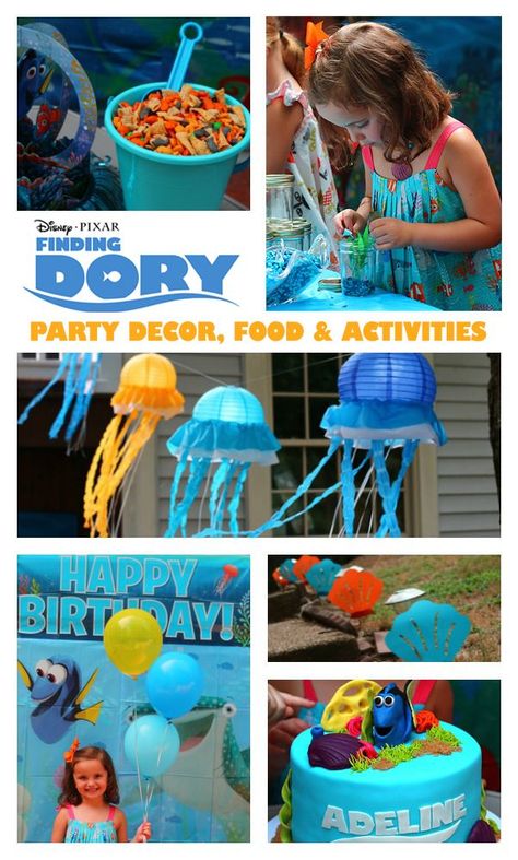 Finding Dory Birthday Party with decorations, food ideas, crafts and games. A must-see birthday party. Love all the Finding Dory elements including a Finding Dory cake, Finding Dory crafts and Finding Dory games. Lots of ideas that busy parents can use for party planning! Finding Dory Crafts, Finding Dory Birthday Party, Dory Birthday Party, Finding Dory Party, Finding Nemo Party, Finding Dory Birthday, Nemo Birthday Party, Dory Birthday, Finding Nemo Birthday