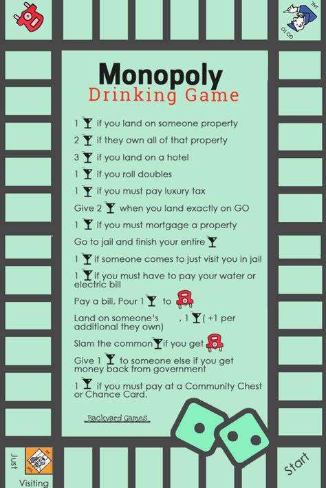 Monopoly Drinking Game, Add these rules to your next Monopoly Game and it will surely create a twist.  Monopoly Drinking Game rules like drink, give drinks for getting taxes back, take a drink for landing on utilites, add drinks to free parking and many more! Drinking Card Games Alcohol Diy, Drunk Monopoly, Monopoly Drinking Game, Drinking Games For 2, Luau Party Games, Drinking Game Rules, Drunk Games, Princess Party Games, Drinking Board Games