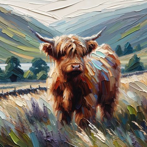 Paint Highland Cow, Paintings With Depth, Scottish Highlands Color Palette, Hyland Cow Painting, Painted Highland Cow, Scottish Highlands Painting, How To Paint A Highland Cow, Cow Painting Ideas, Highland Cow Painting Easy