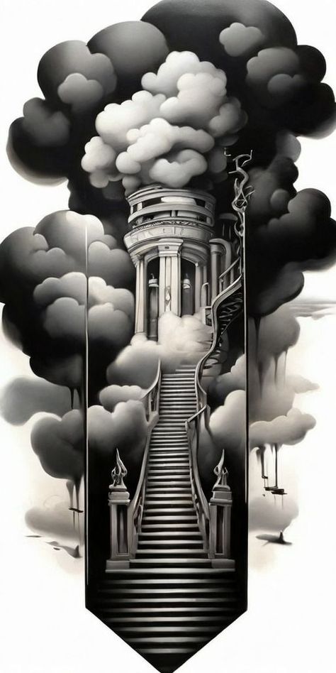 Stairs Tattoo Design, Heaven Tattoo Design, Stairs To Heaven Tattoo, Roman Drawings, Heaven Tattoo, Word Tattoo Ideas, Roman Temple, Stairs To Heaven, Heaven Tattoos