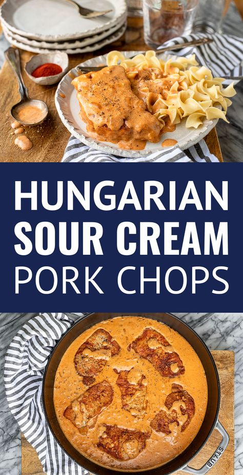 Hungarian Paprika Sour Cream Pork Chops -- An easy and delicious Hungarian paprika sour cream pork chops recipe using traditional Hungarian sweet paprika... Made on the stove top and ready to eat in just about 35 minutes, these tender and juicy pork chops smothered in a spicy & creamy sauce are sure to be a new family fave! #hungarian #porkchoprecipes #porkchops #gravy #gravyrecipes #paprika #easyrecipe #stovetop