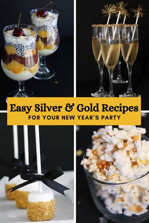 Easy Silver and Gold New Year's Party Recipes Silver Food Ideas, Gold Food Ideas, Gold Foods For Party, New Years Glam, Potluck Themes, Gold Food, Champagne Recipes Cocktails, New Year's Party, Store Bought Cake