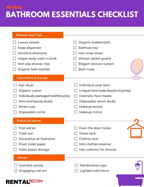 airbnb bathroom essentials checklist Bathroom Essentials Checklist, Airbnb Amenities, Airbnb Bathroom, Bathroom Checklist, Bathroom Amenities, Non Slip Shower Mat, Makeup Towel, Elegant Shower Curtains, New Home Essentials