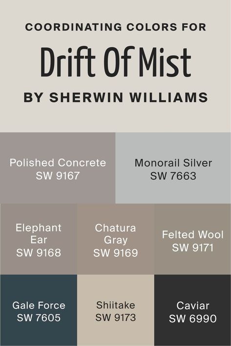 Sherwin Williams Paint Colors Drift Of Mist, Sherwin Williams Drift Of Mist Exterior, Coordinating Colors With Drift Of Mist, Sw Drift Of Mist Walls Kitchen, Sherwin Williams Gray Brown Colors, Drift Of Mist Sherwin Williams Coordinating Colors, Polished Concrete Sherwin Williams, Colors That Go With Drift Of Mist, Sw Drift Of Mist Coordinating Colors