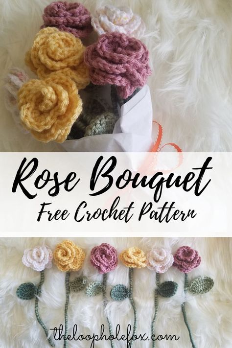 If you’re like me, you love flowers but hate watching them wilt. This week, yarn becomes the hero to create this beautiful bouquet of assorted crochet roses just in time for Valentine’s day. This free crochet rose pattern will work up quickly and brighten up your room with the season of love. Easy for beginners and looks professional. Bring your love of roses alive today. #crochet #crochetpattern Crocheted Flowers Bouquet Pattern, Free Crochet Patterns For Roses, Crochet Bouquet Of Flowers Free Pattern, Roses Crochet Pattern Free, Easy Crochet Flowers For Beginners Free, Small Crochet Roses Free Pattern, Crochet Valentines Flowers, Easy Crochet Rose Pattern Free, Crochet Bouquet Free Pattern