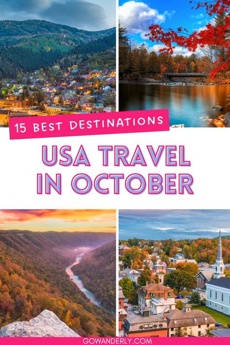 Explore the top us travel destinations for October! Discover stunning fall getaways and the best trips to take in October. Save this pin for your next adventure! Best Places To Travel In Us In October, October Travel Destinations Us, October Vacation Destinations Us, Fall Vacation Ideas U.s. States, Best Us Travel Destinations, Honeymoon Destinations Usa, October Travel Destinations, Fall Travel Destinations, Girls Trip Destinations