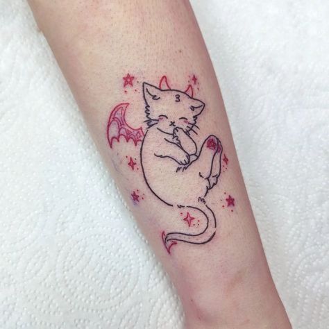 Inky | A sweet devil cat drawn by my lovely client! Love their little pentagram paws 🥹✨ - #art #artist #artistoninstagram #artistofinstagram… | Instagram Cat Tattoo Illustration, Full Body Cat Tattoo, Cute Demon Tattoo, Devil Cat Tattoo, Cat Love Tattoo, Ragdoll Cat Tattoo, Demon Cat Tattoo, Cute Devil Tattoo, Colorful Cat Tattoo